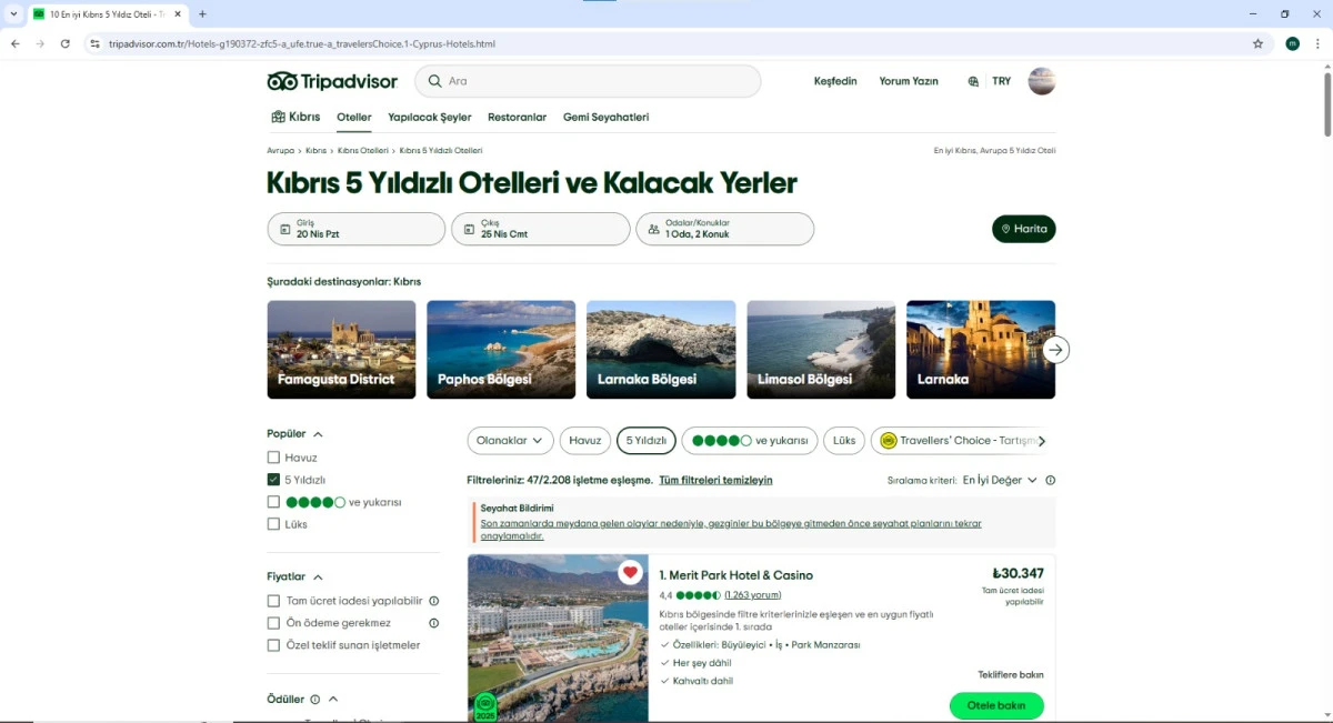 Merit Park Hotel & Spa, Tripadvisor Travelers&rsquo; Choice Awards 2025 &Ouml;d&uuml;l&uuml;n&uuml;n  Sahibi Oldu